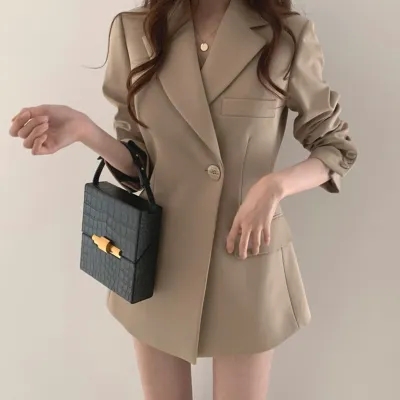 Internet celebrity drapey street small suit jacket for women spring and autumn Korean version British style loose casual black suit top