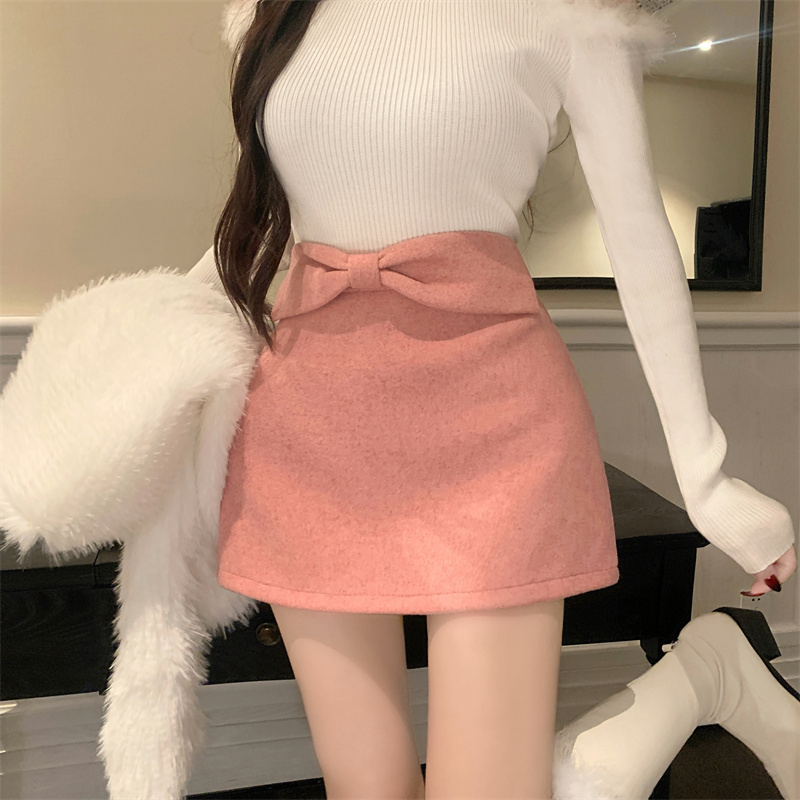 Actual shot of new winter slimming bow design short skirt woolen A-line skirt