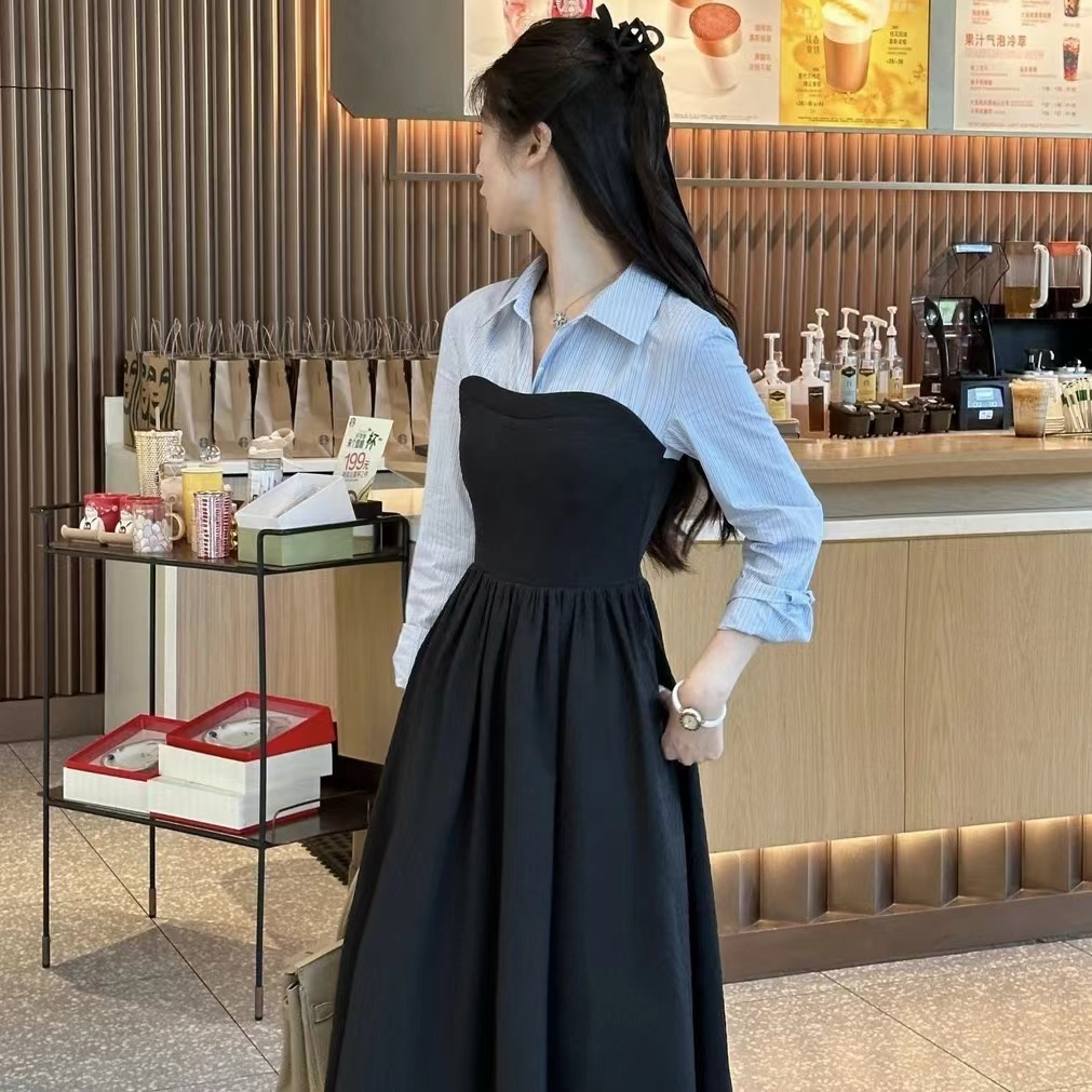 高級感拼接翻領長袖連衣裙女早春新款收腰顯瘦襯衫裙港風chic長裙