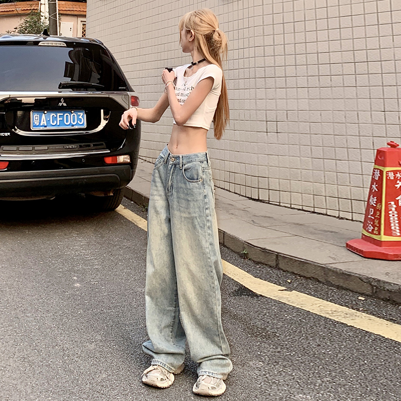 Actual shot ~ 2024 spring and autumn new high-waisted straight-leg Korean style versatile trendy slim and tall jeans and trousers ins trend