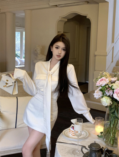 Real shot of sexy little fragrant satin bow long-sleeved lace-up shirt + woolen skirt two-piece set