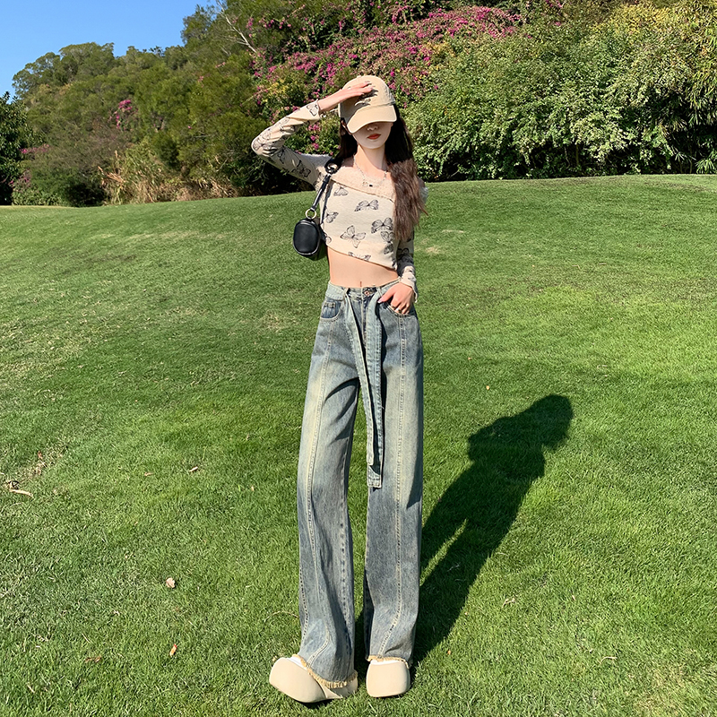 實拍~復古闊腿牛仔褲2024春季新款綁帶寬鬆高腰闊腿顯瘦毛邊長褲