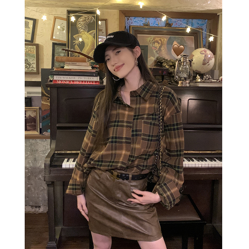 實拍  復古格子長袖polo領襯衫女寬鬆襯衣內搭外穿上衣