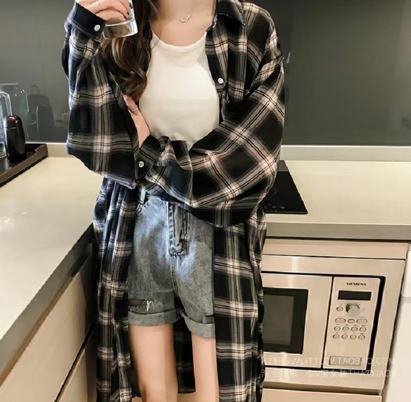 春裝新款港風長袖格子襯衫寬鬆慵懶中長款襯衣外套M-4XL200斤