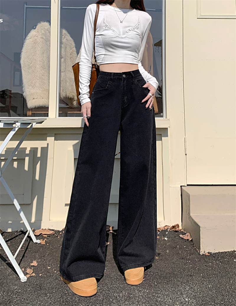 Real shot American retro loose slimming high-waisted wide-leg pants spring new high-quality denim straight pants