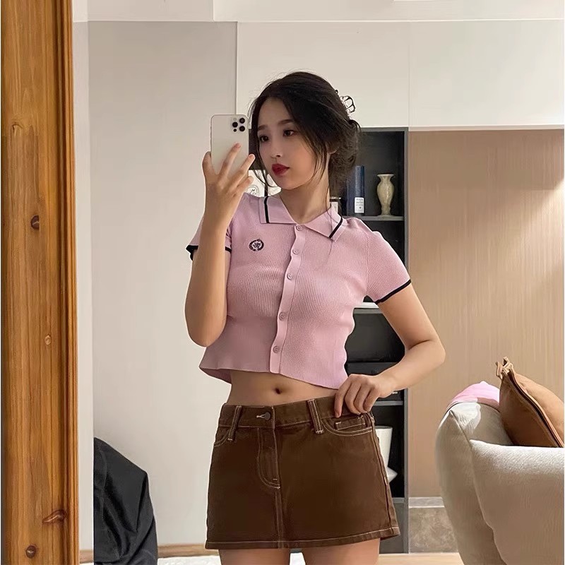 Yu Shulu 2024 clothes ins goodbai lapel ice silk sweater short-sleeved short polo top summer