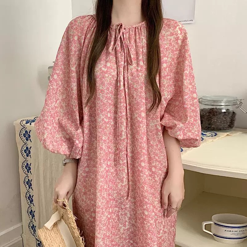 韓國chic秋季新款優雅圓領系帶滿屏碎花寬鬆泡泡袖長款連衣裙女