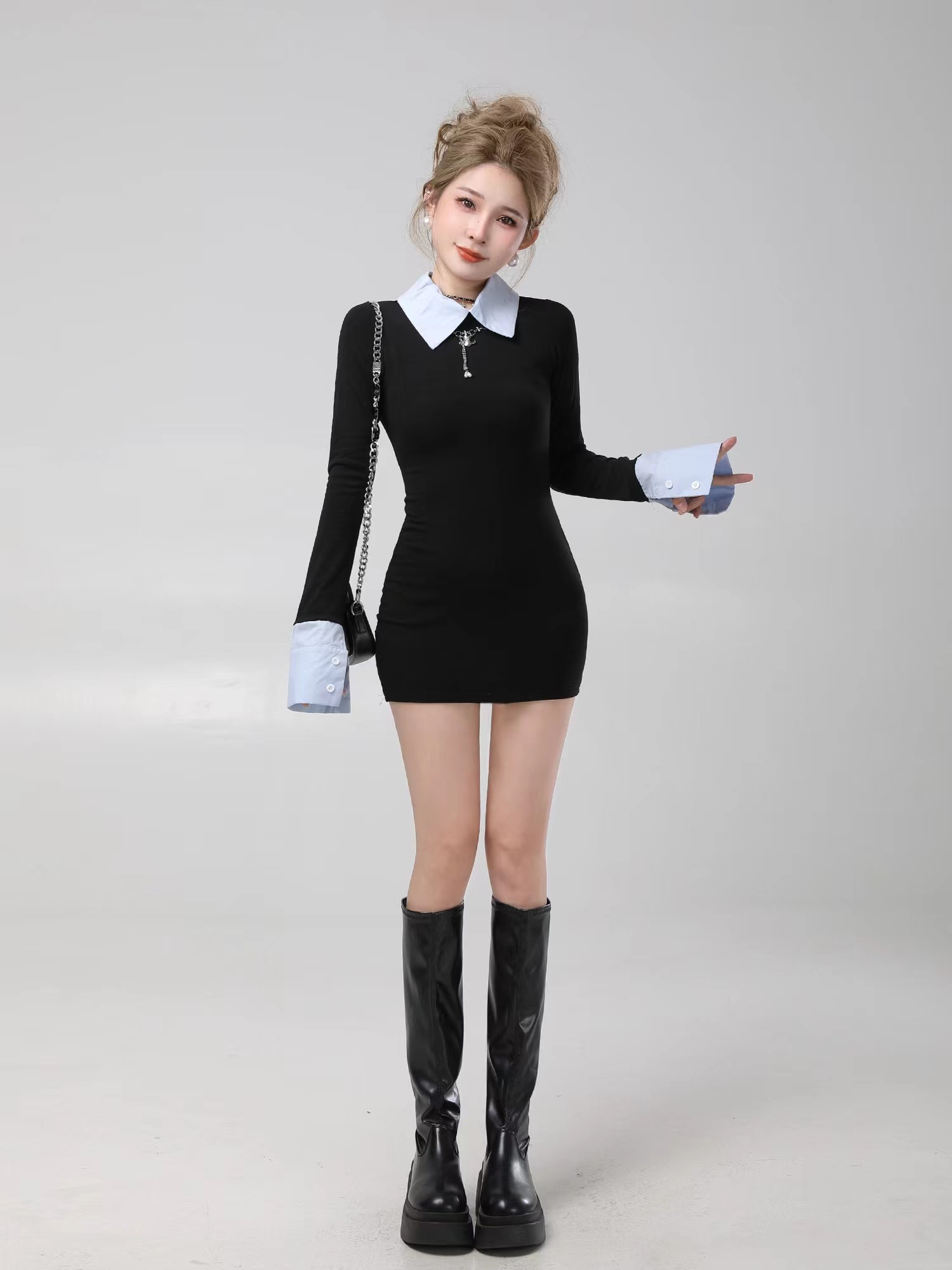 Xiaoxiangfeng fake two-piece shirt long-sleeved dress women's autumn and winter new style inner bottoming to show body shape and hip-hugging short skirt