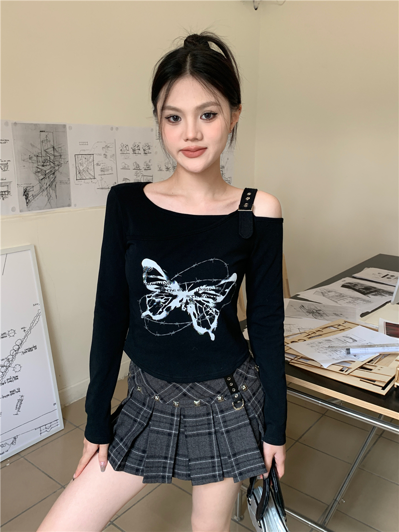 實拍 設計感露肩蝴蝶印花長袖t恤
