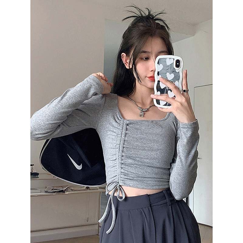 春秋季新款韓版氣質方領上衣修身顯瘦內搭長袖打底衫女T恤潮