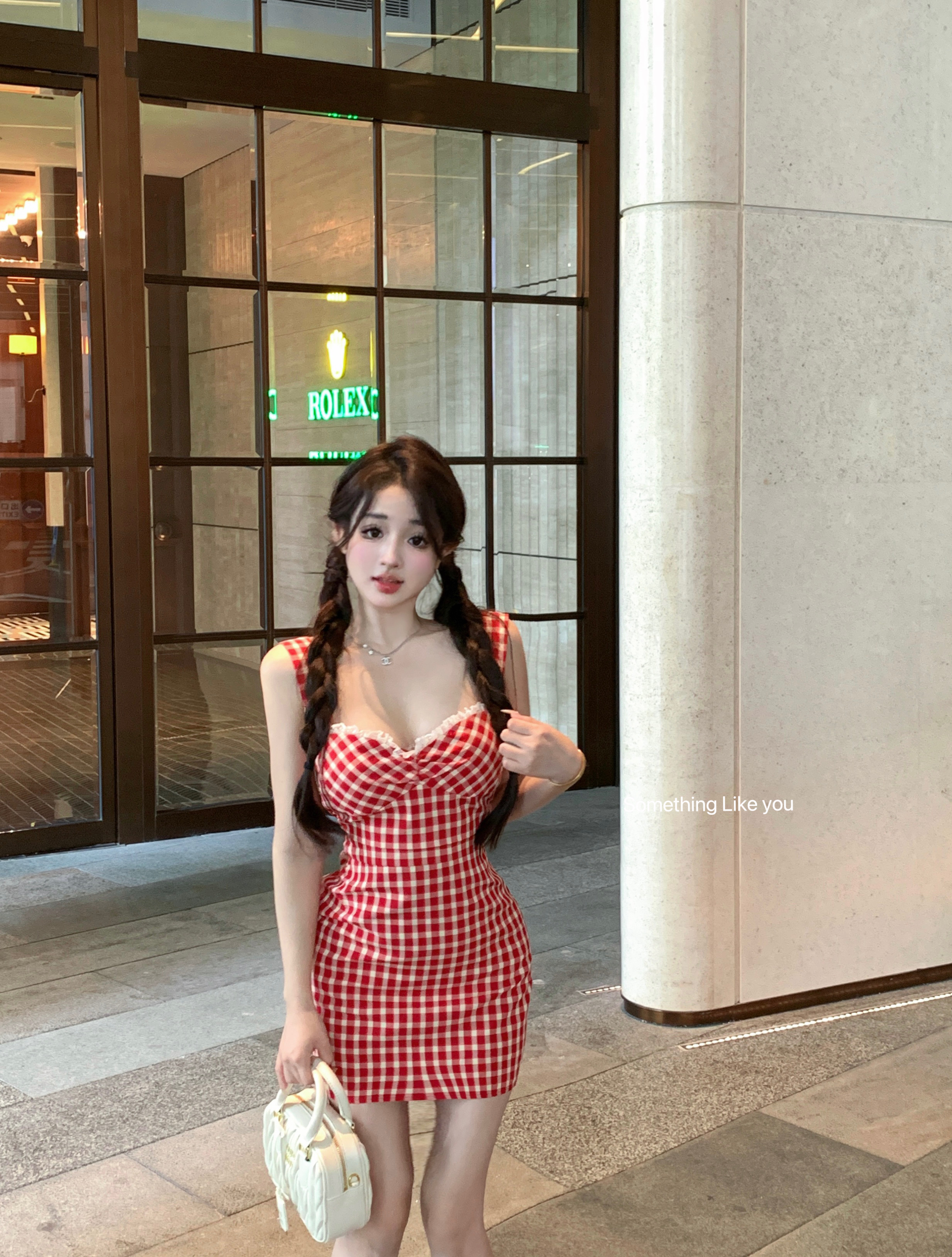 美少女多巴胺草莓甜格/紅色格紋吊帶連衣裙