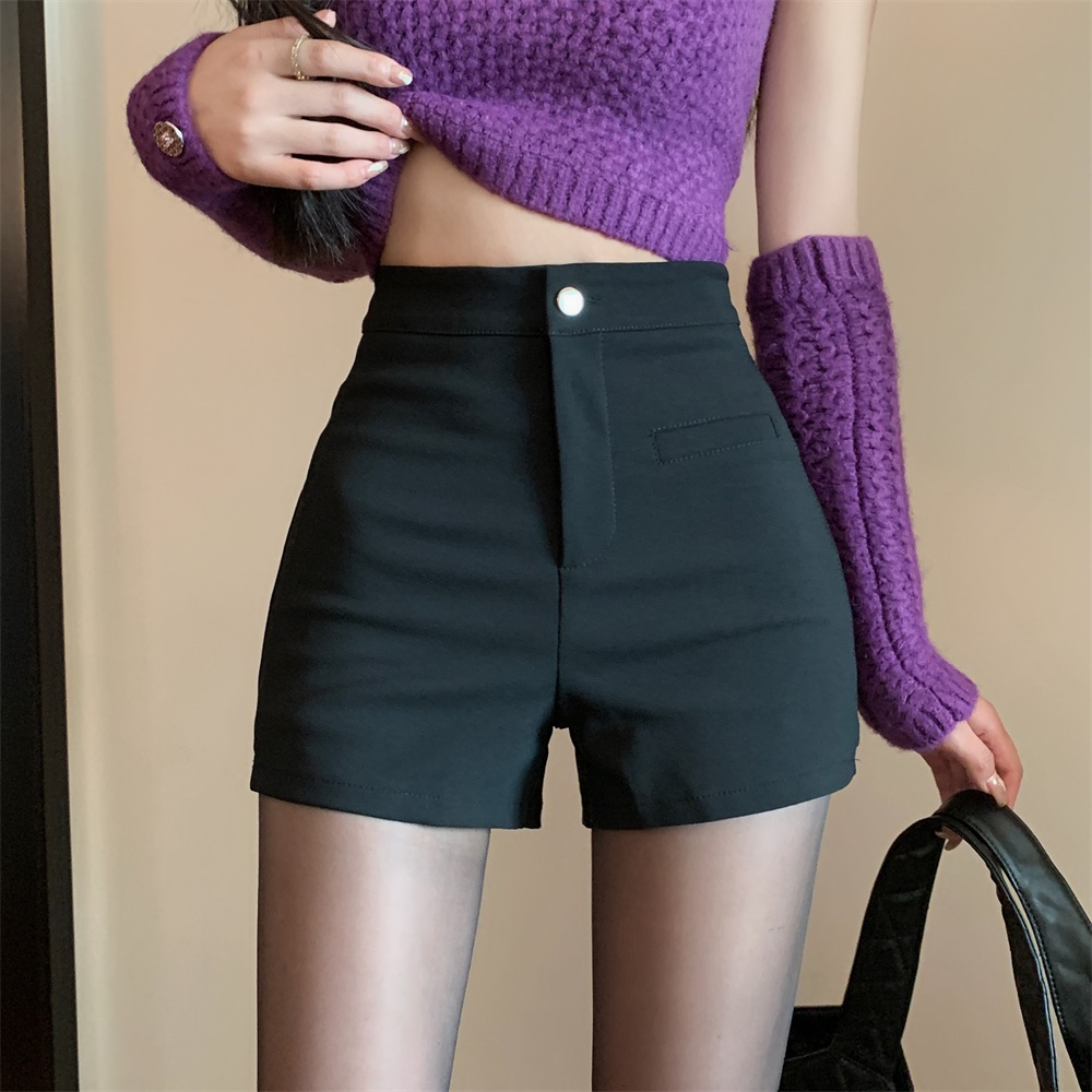 Real shot!  2024 New Seasonal Black Elastic High Waist Slimming Versatile A-Line Suit Shorts for Outerwear
