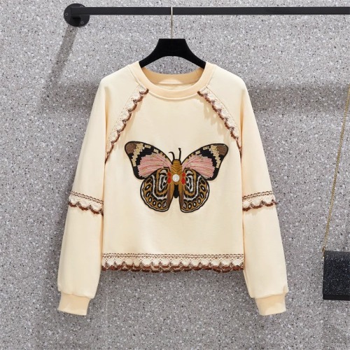 Spring and autumn large size French niche light luxury retro design embroidered butterfly round neck versatile fashion long-sleeved sweatshirt for women