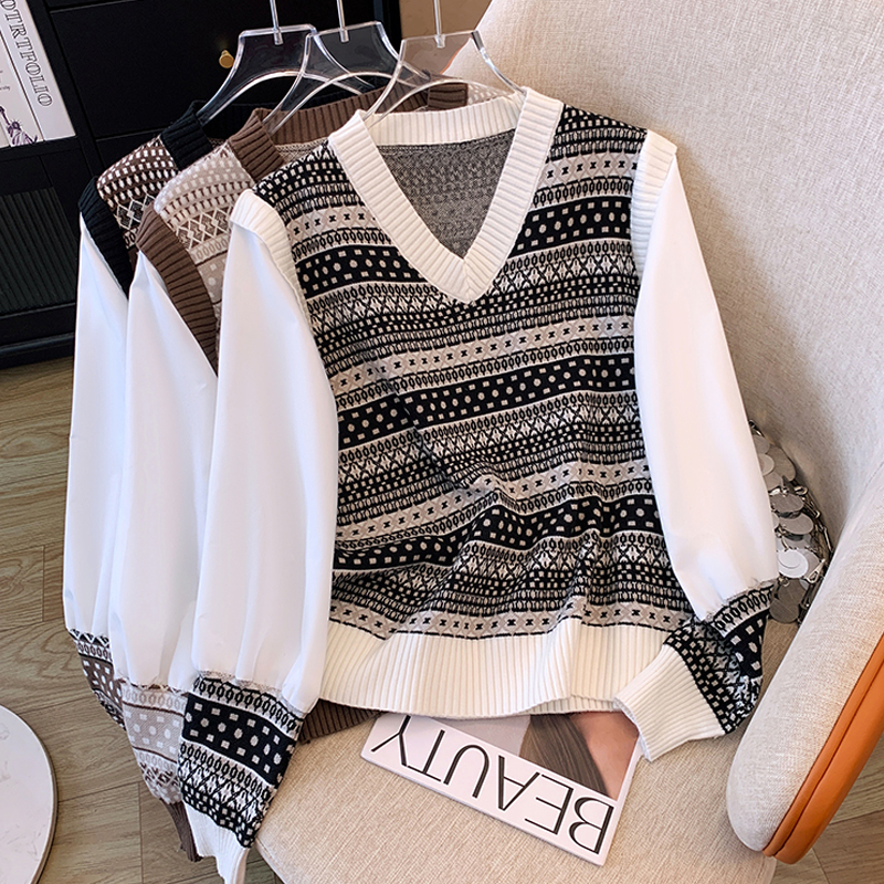 Real shot of plus size women's clothing 2024 spring new fake two-piece spliced ​​knitted tops versatile casual knitted sweaters