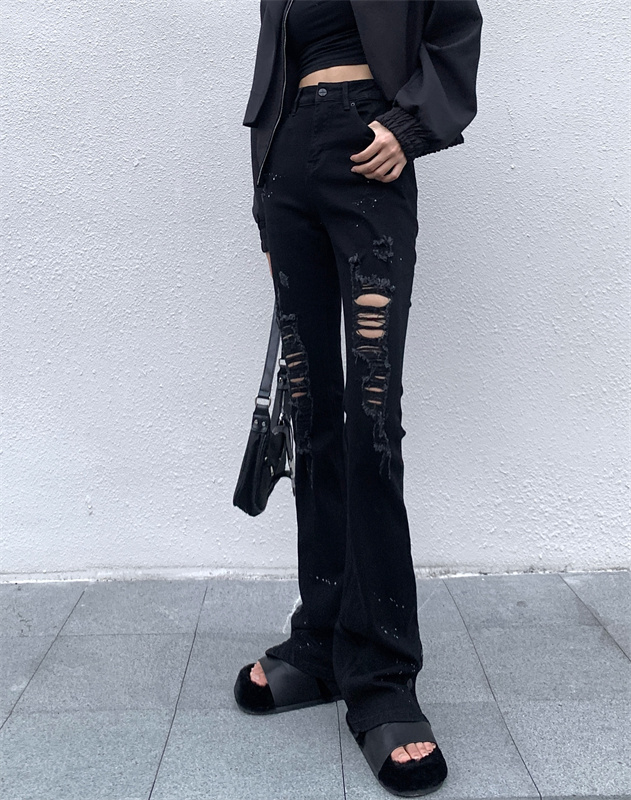 實拍 做舊潑漆休閒微喇褲復古破洞街頭秋冬潮流女牛仔褲