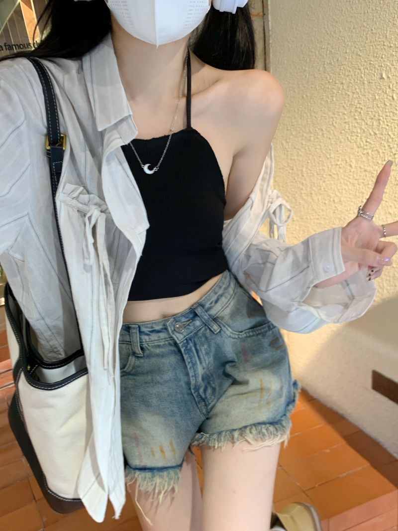 Actual shot of three-standard collegiate style niche chest strap design striped long-sleeved shirt for women