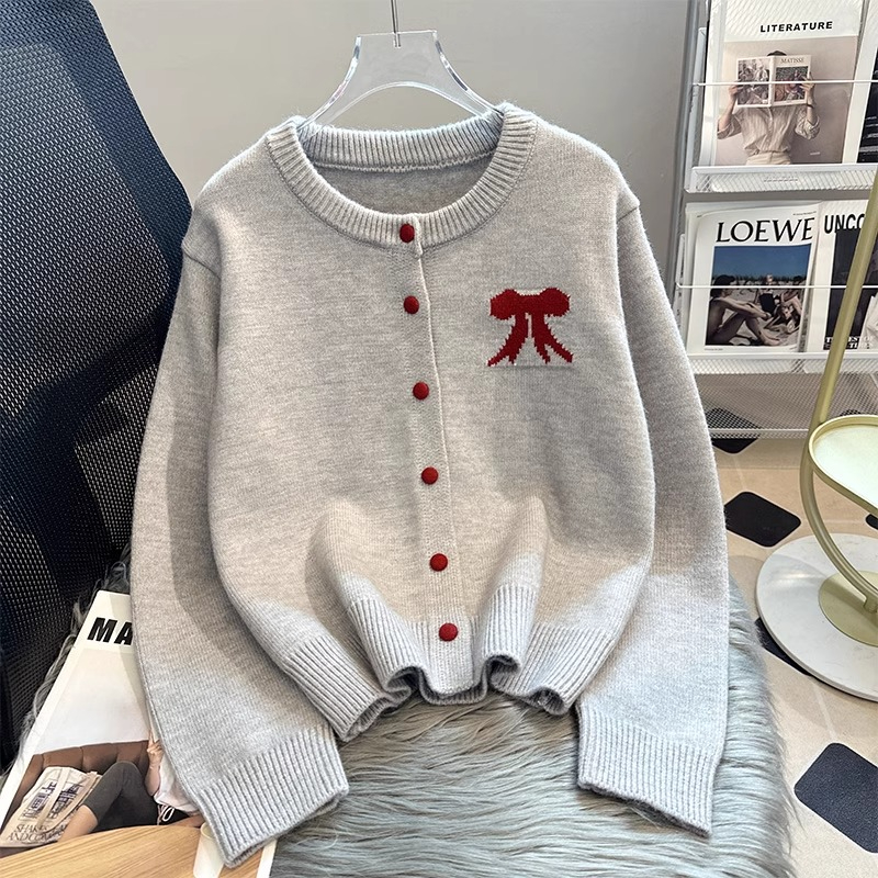 刺繡蝴蝶結毛衣外套針織開衫上衣女