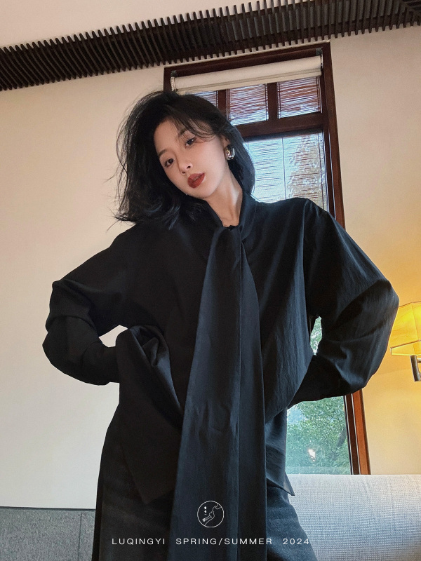 鷺青一流雲法式白襯衫女秋冬蝴蝶結飄帶設計感寬鬆內搭襯衣