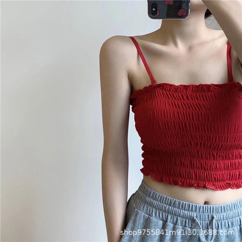 Pleated high-elastic camisole base with padded tube top that can be worn outside and beautiful back underwear for women retro one-shoulder tops