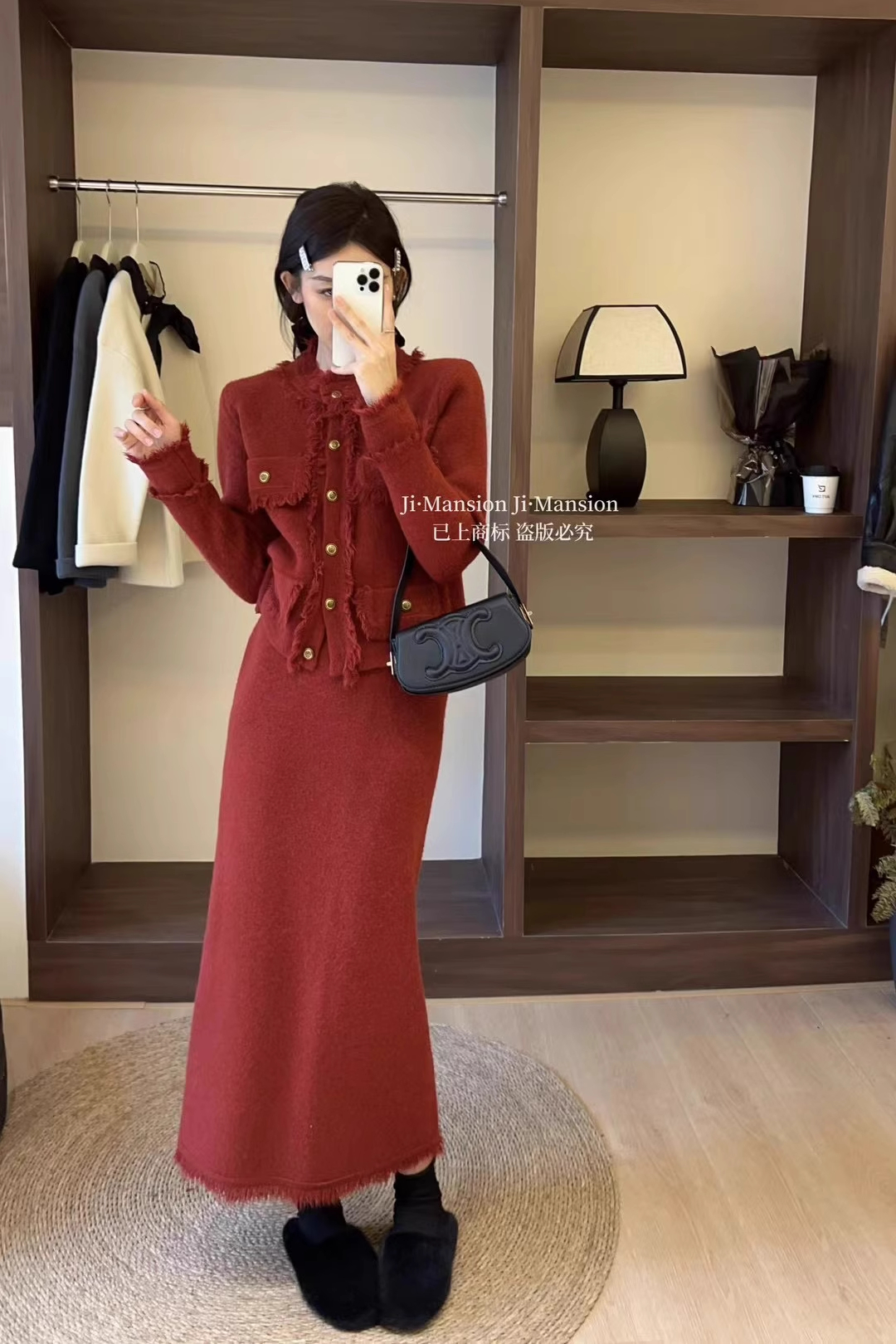 小香風新年套裝女秋冬粗花呢顯白紅色外套半身裙兩件套