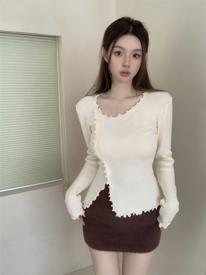Real shot Irregular design milk skin core-spun gauze ear-edge slit waist knitted bottoming shirt