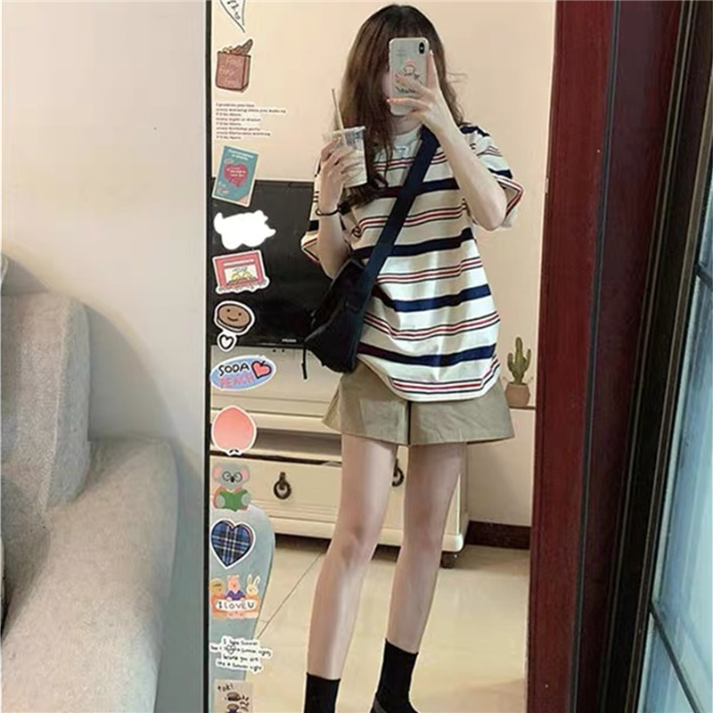 美式正肩條紋t恤短袖女寬鬆小眾別致獨特設計感上衣2024新款夏季