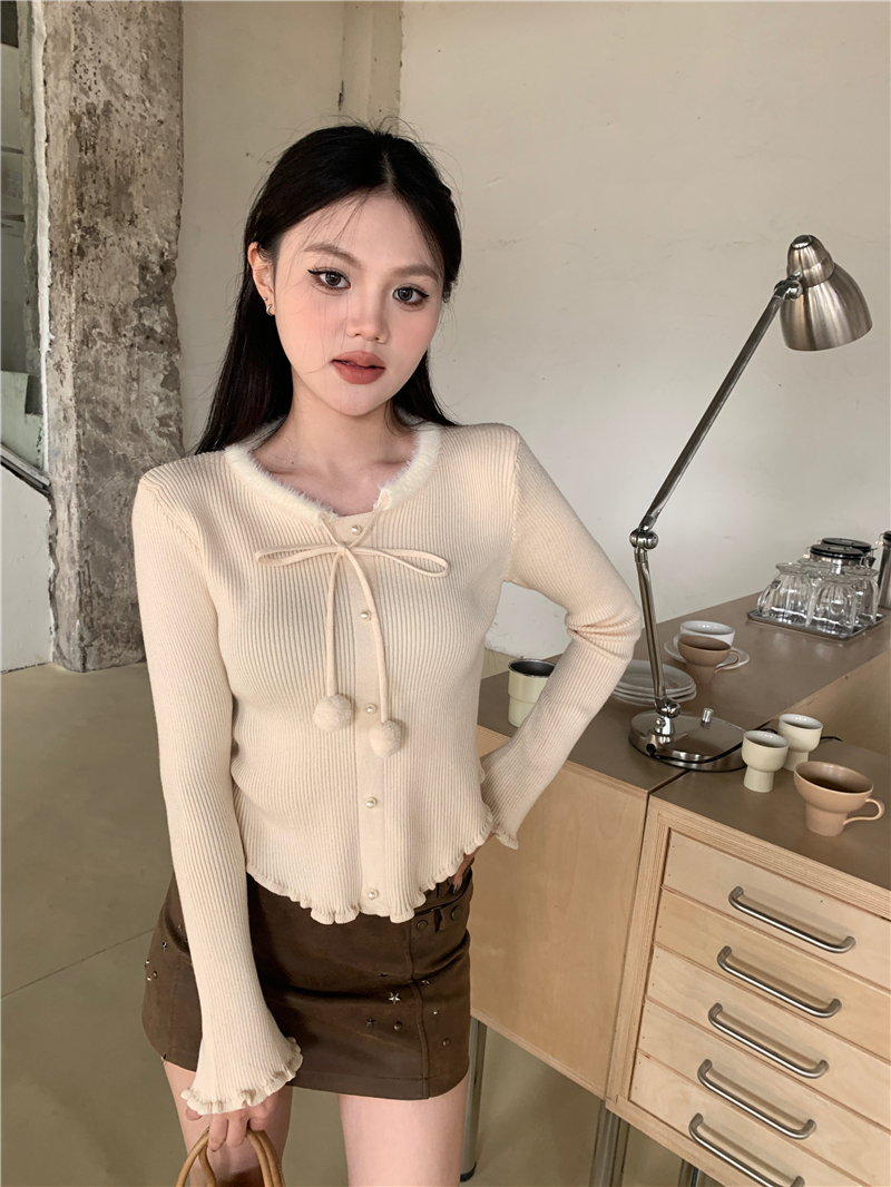 實拍 水貂毛拼接木耳邊甜美內搭設計感針織毛衣