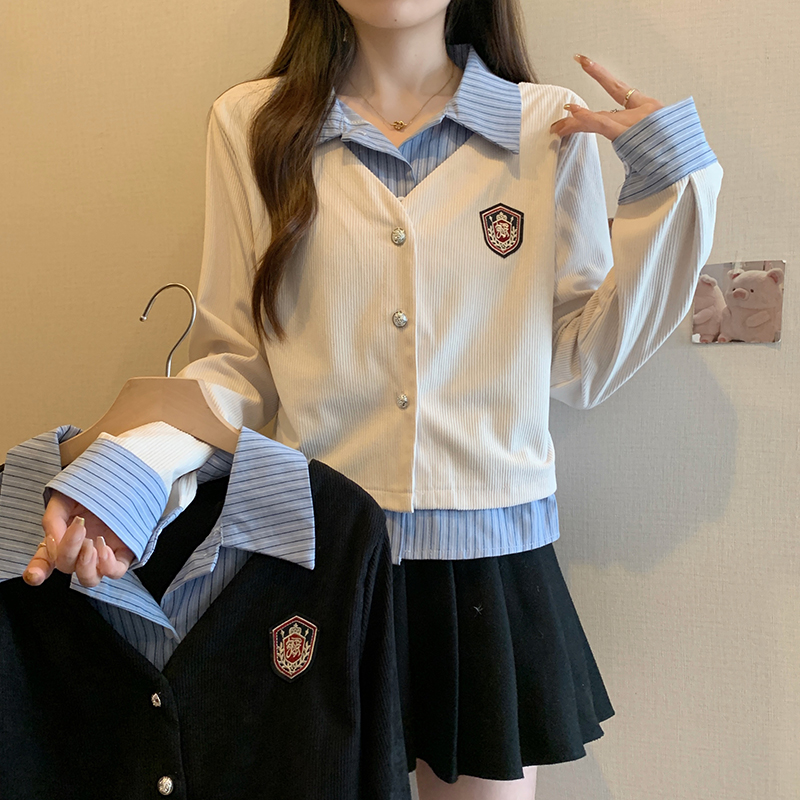 實拍2024春裝新款胖mm大碼女學院風假兩件設計感小眾針織上衣女