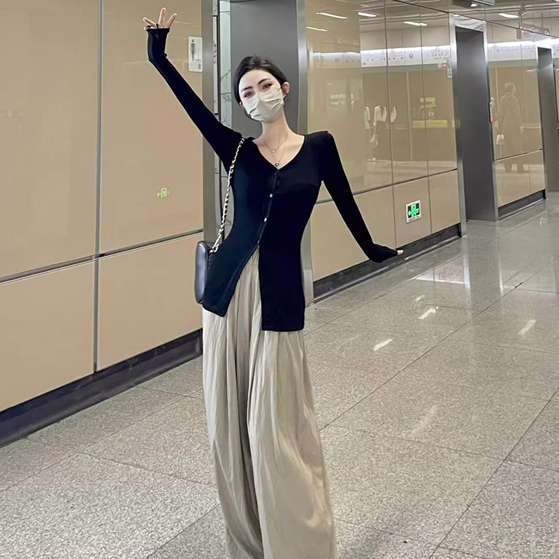 官圖 氣質V領春秋夏薄款外套小眾修身顯瘦韓版上衣防曬開衫女