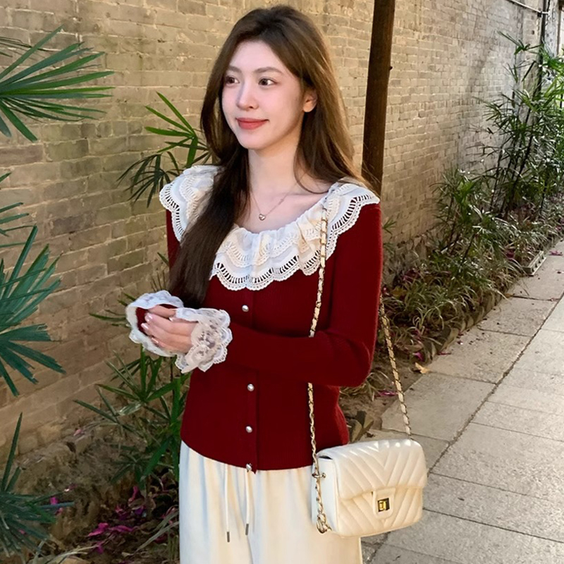 聖誕新年紅色蕾絲邊毛衣外套女秋冬新款打底內搭針織開衫上衣