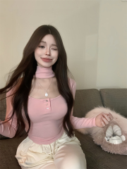 Real-shot waist-defined, slimming halter-neck hollowed-out fitted long-sleeve base top