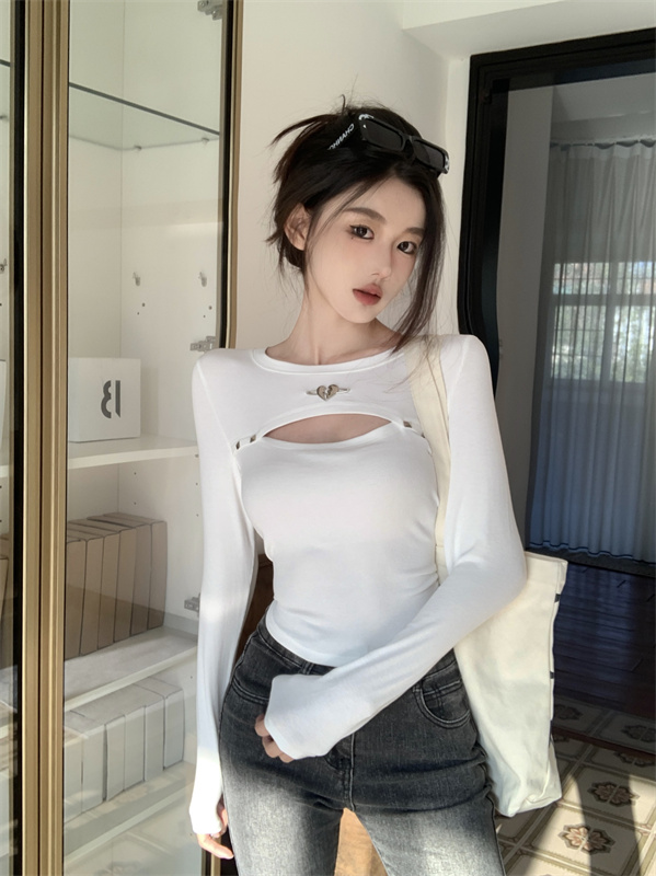實拍白色修身顯瘦長袖t恤短款鏤空打底衫設計感小眾內搭上衣