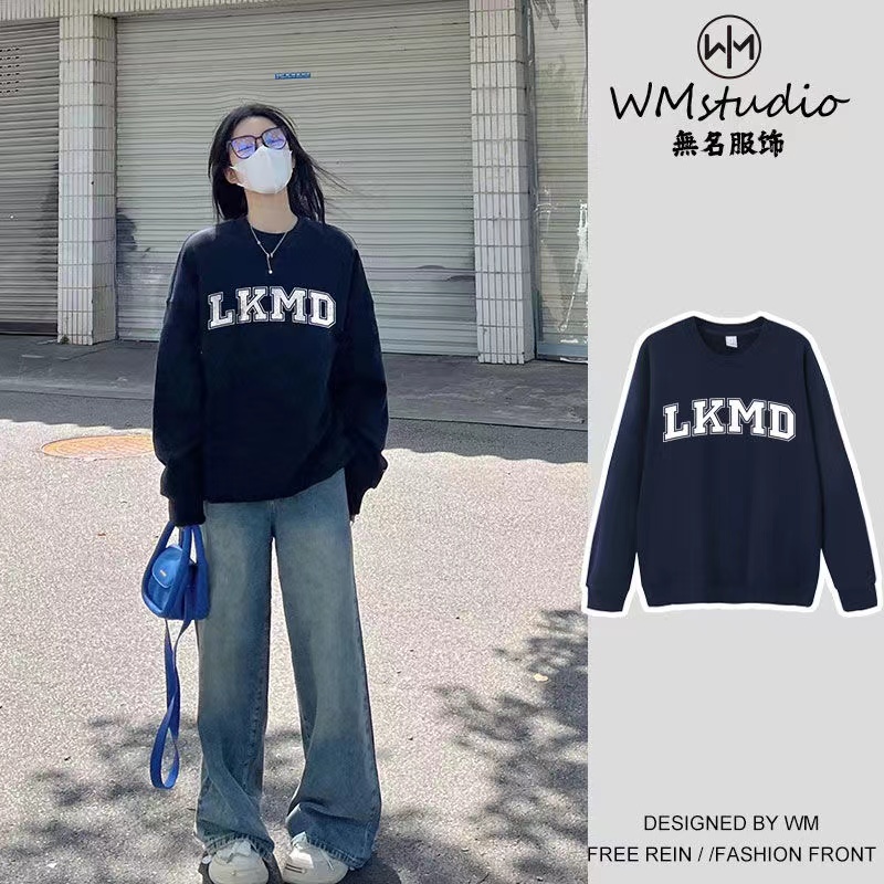 美式復古原創潮牌字母印花圓領衛衣女冬季加絨加厚寬鬆慵懶風上衣