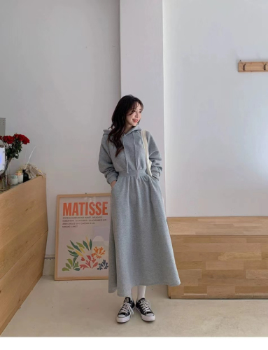 Sweatshirt dress plus size spring and autumn sweatshirt dress women's long slimming high-waisted hooded dress casual skirt