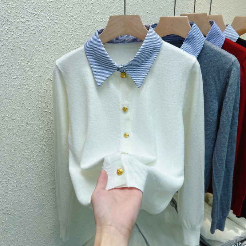 Real shot of shirt collar stitching fake two-piece long-sleeved sweater cardigan for women 2024 early spring new bottoming shirt top