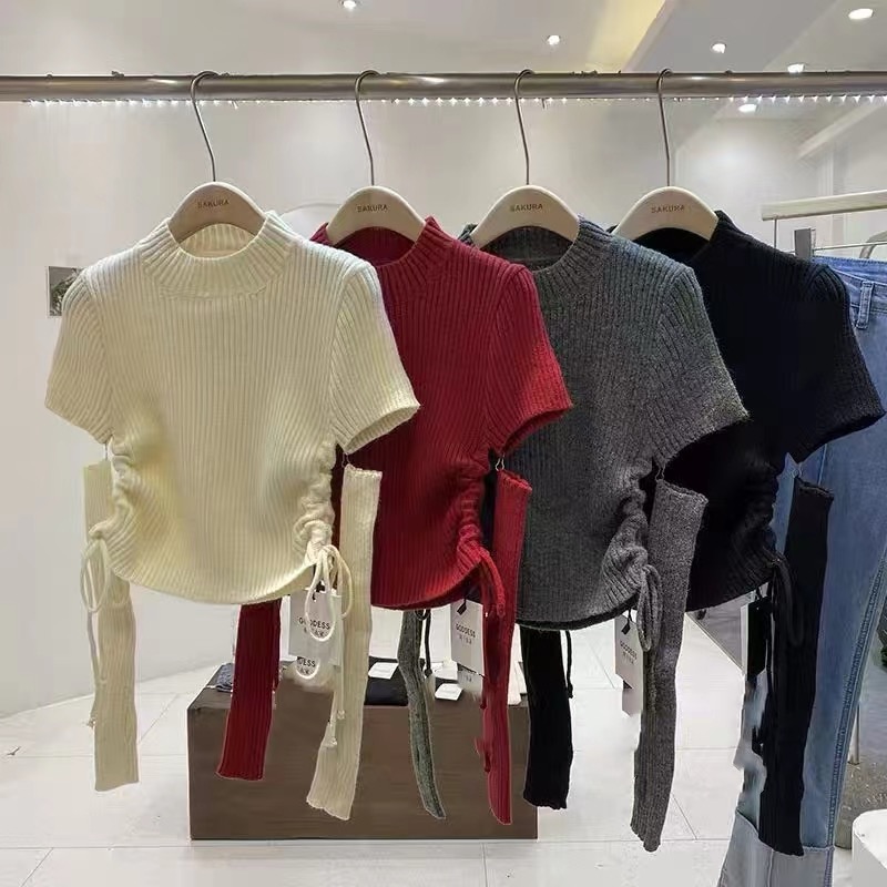 Half turtleneck short sleeve side drawstring waist short sweater winter Korean style disconnected sleeve fashion sweater