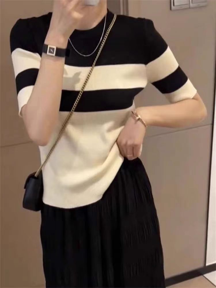 針織條紋短袖T恤女士春夏薄款輕奢高級感圓領打底衫拼色內搭上衣