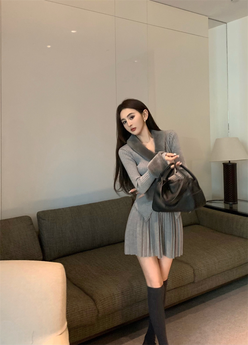 Real shot homemade ~ cuffs furry knitted sweater slim new high waist pleated skirt suit