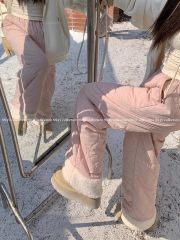 Women's Winter 2024 New Style Windproof Fleece Pants with Plush Lining, Elastic High-Waist Warm Wide-Legged Outerwear