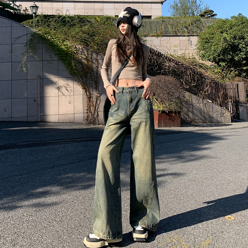 實拍~2024早春新款韓版牛仔褲女高腰寬鬆顯瘦復古藍闊腿直筒長褲
