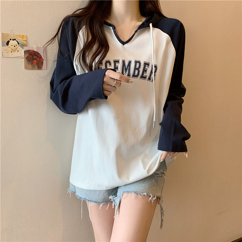 Real shot 2024 spring and autumn new style original pure cotton ribbed long-sleeved V-neck hooded loose mid-length top