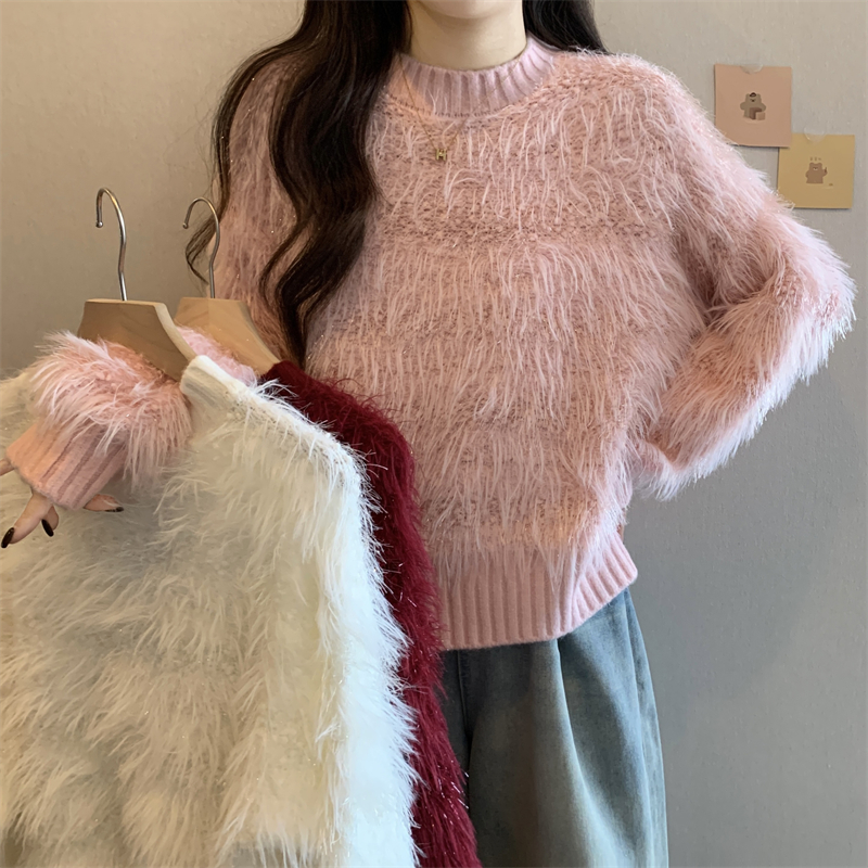 Actual shot of the new Korean style sweet and soft sweater for women, loose and slim imitation mink velvet knitted top