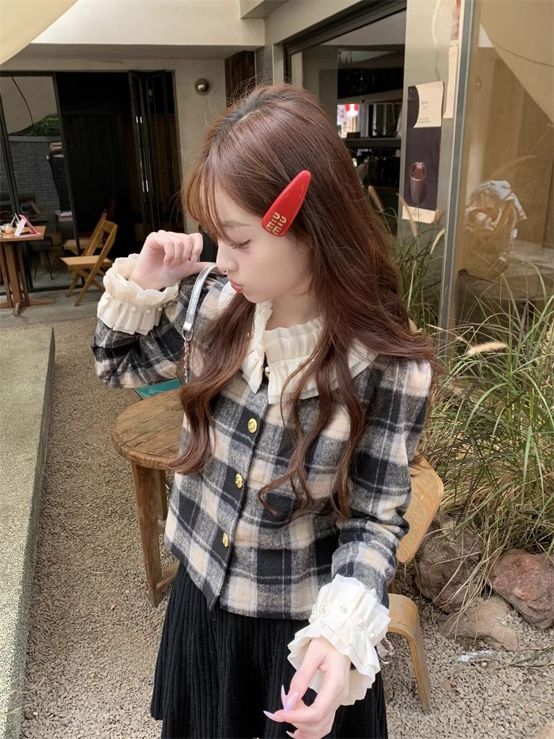 法式復古娃娃領長袖襯衫女秋冬加絨新款設計感小眾洋氣開衫上衣