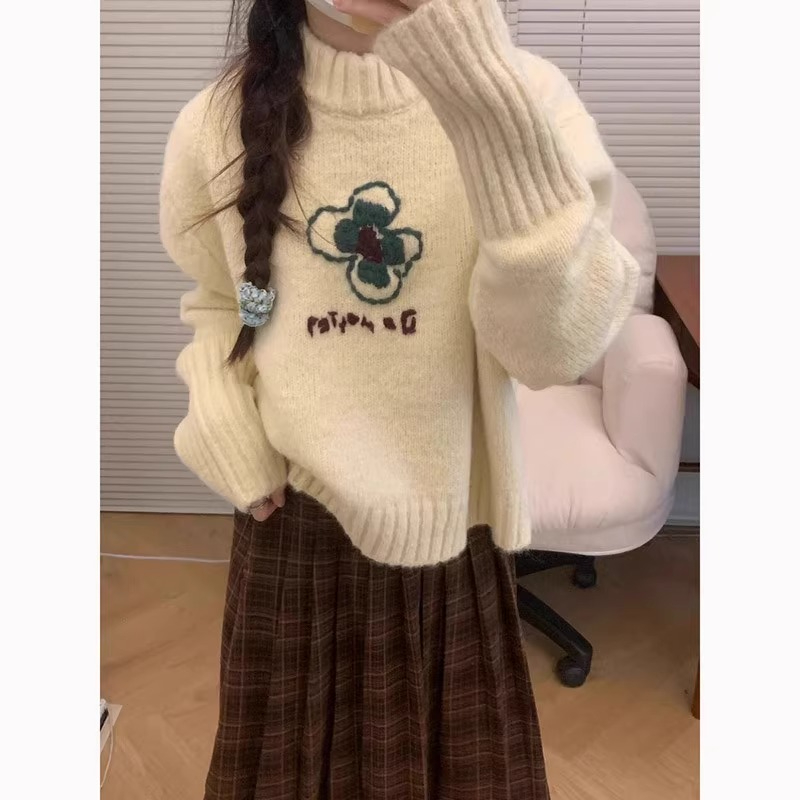 綿羊絨日系復古2024春新款設計感慵懶風半高領毛衣女