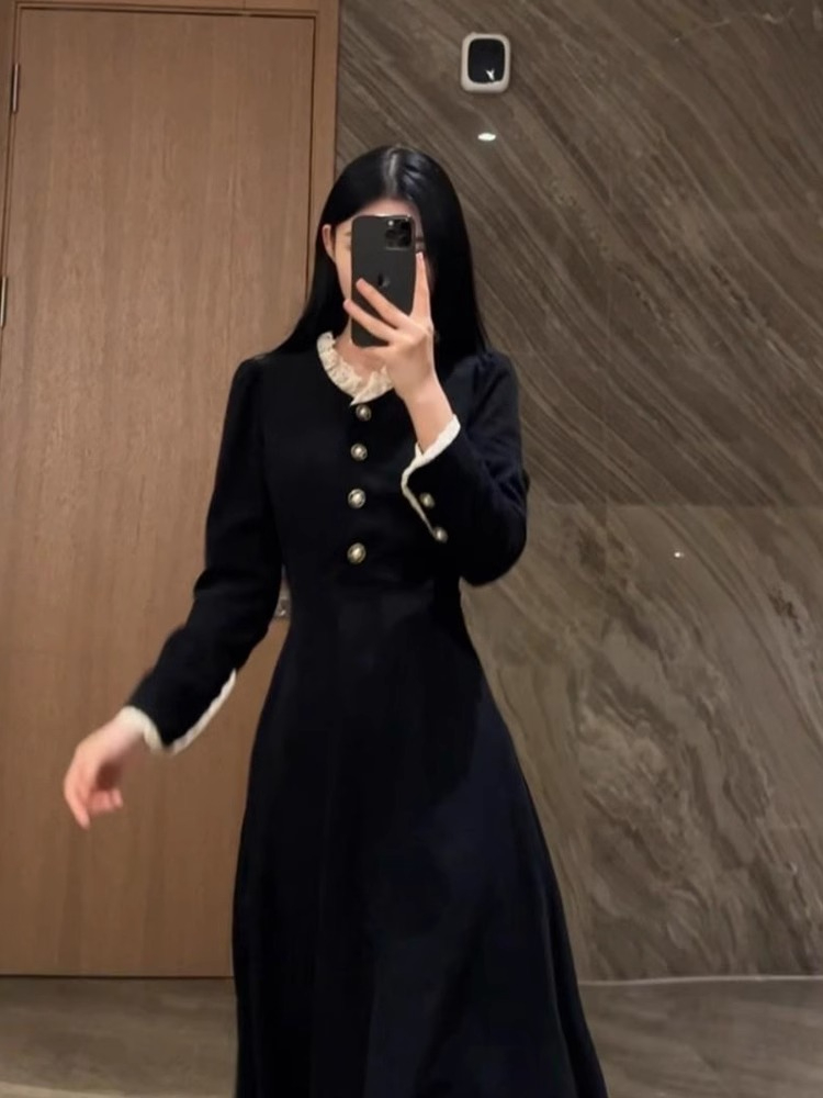 春秋長裙2024新款小香赫本風一整套裝新中式女裝黑色內搭連衣裙子