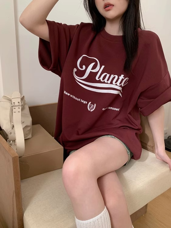 220克精梳緊密賽洛美式簡約百搭字母印花短袖T恤