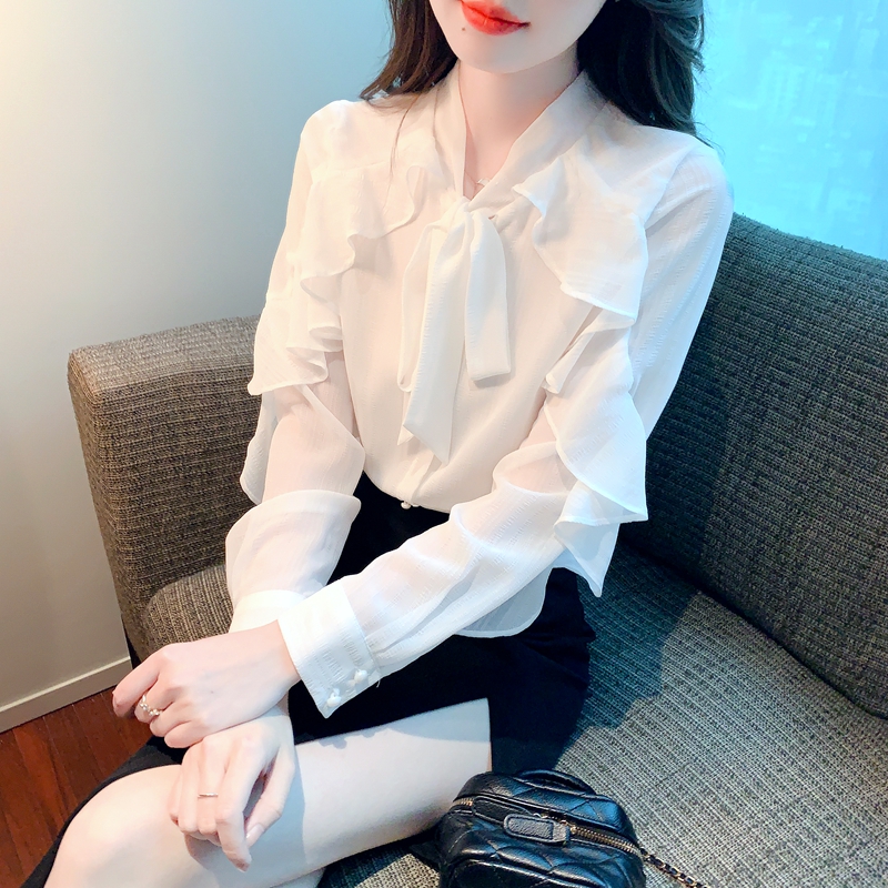 2024春季新款蝴蝶結雪紡襯衫女設計感小眾上衣春季百搭白襯衣女