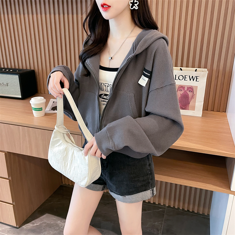 實拍後包領華夫格上衣薄款圓領衛衣女卡通長袖外套