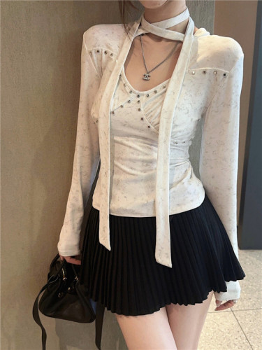 Actual shot~Spring style~American hot girl design hollow long-sleeved T-shirt slimming halter neck top