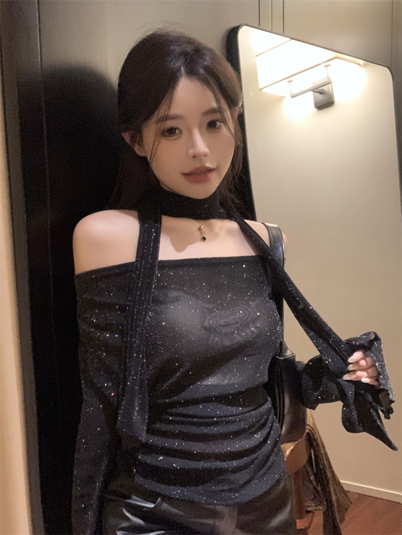 實拍  早春blingbling鹽系微透盪領多種穿法蕾絲衫上衣